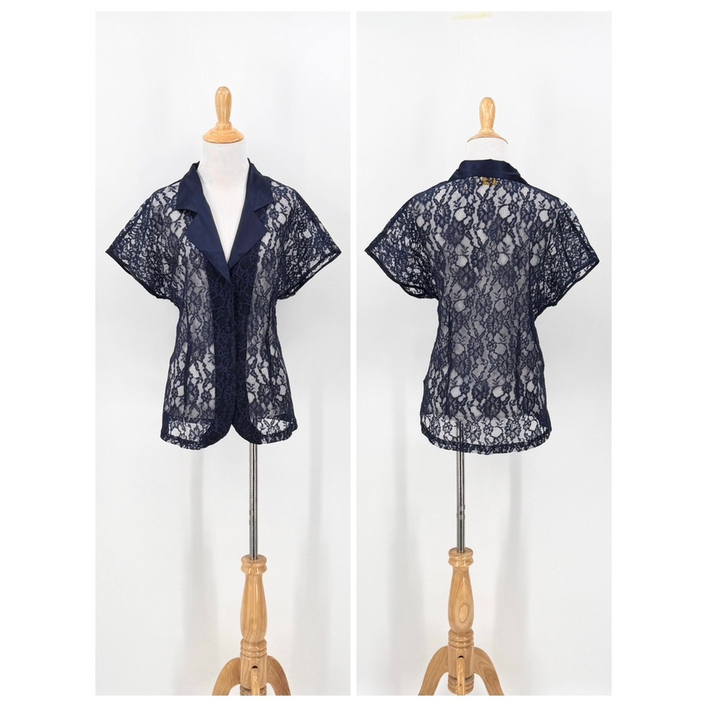 VICTORIAS SECRET Lace Button Up Top Medium Blue Vintage Gold Label Short Sleeve - Picture 1 of 14